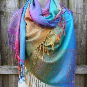 Bright Rainbow Paisley Pashmina Scarf Festival Shawl Women Head Wraps Boho Chic
